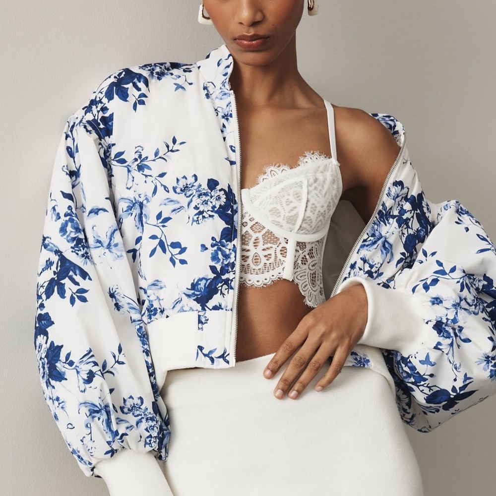 Anthropologie Blue and White Floral Bomber Jacket